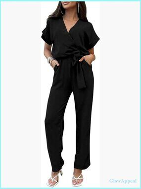 Wide Leg Jumpsuit with Pockets V Neck Romper Dressy Casual